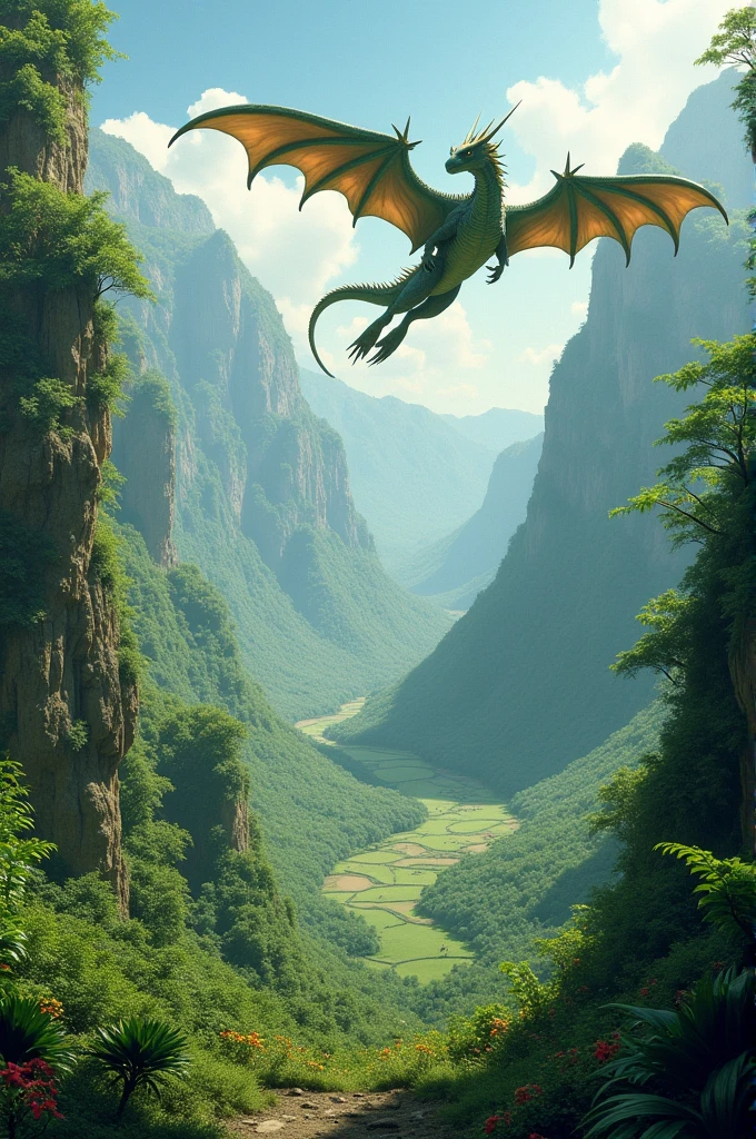 A huge green valley, autour rien ne survie. Species have evolved, They can fly and look like amphibian dragons.