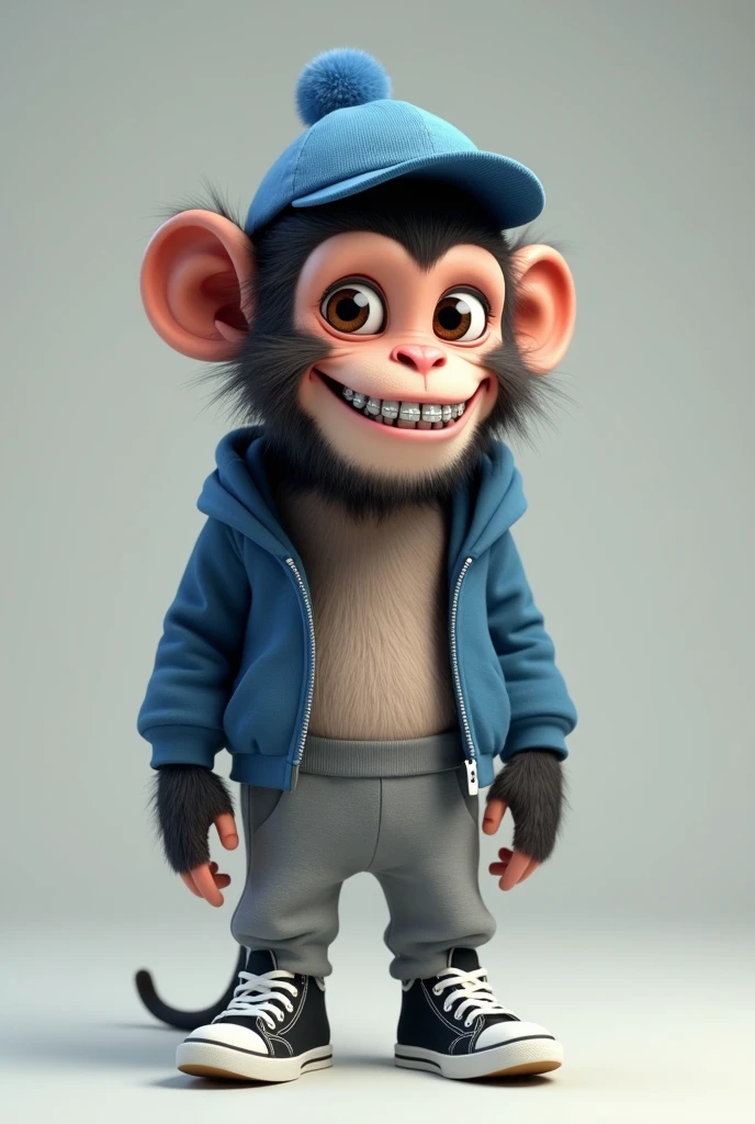 create a monkey with braces on his teeth, He is wearing a hat from his blue sweatshirt , He also has grey sweatpants and black and white sneakers.