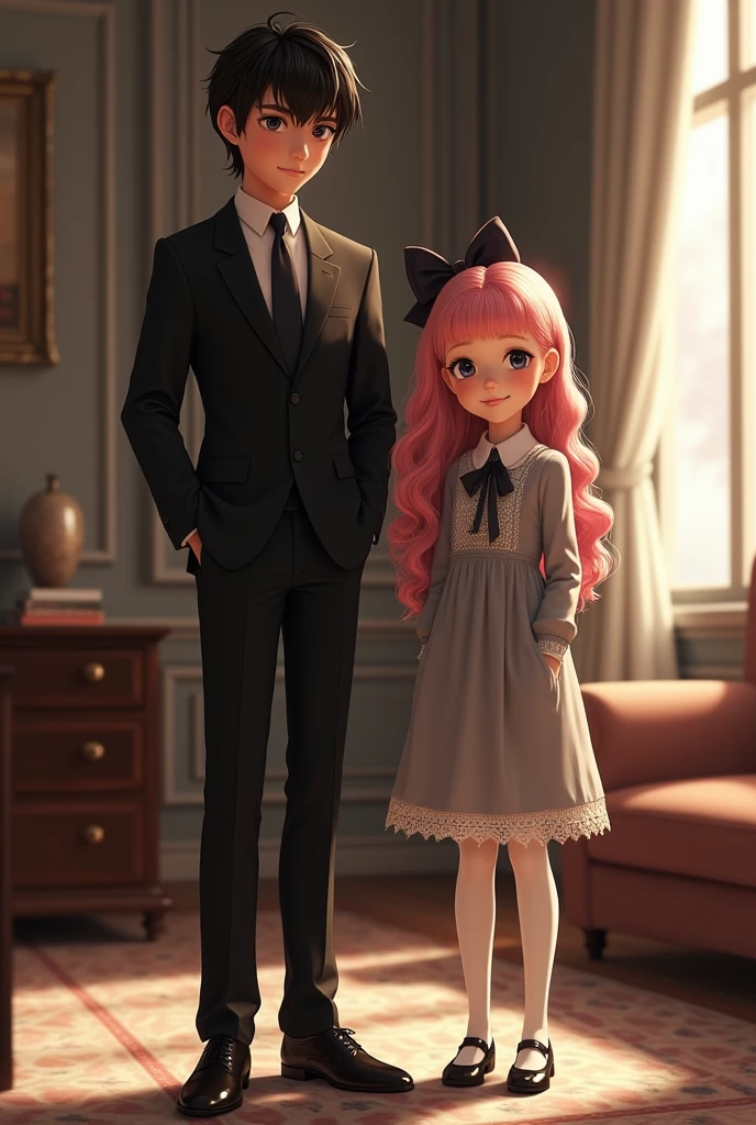 Damián and Anya, both adolescents with a commanding and mature presence, stand together in an elegant setting. Damián, tall and slender, wears a dark suit that signifies formality and attention to detail. His dark, slightly wavy hair falls over his forehead, while his deep, expressive eyes reflect early maturity. Though his expression is usually serious, a faint smile may appear at special moments. His fair skin and upright posture highlight his confidence and determination.

Damián's outfit consists of a well-fitted dark suit, a white shirt, and a tie, all meticulously tailored. His polished black leather shoes complement his formal appearance. His demeanor is thoughtful and reserved, with a fixed, attentive gaze that demonstrates his focus. He stands with his hands in his pants pockets, projecting a mix of calm and alertness.

Anya, on the other hand, presents a charming and elegant style. Her long, curly pink hair is tied with a large dark bow at the top of her head. Her large emerald green eyes reflect curiosity and intelligence, while her face combines sweetness with a resolute seriousness. Anya wears a dark, classic-cut dress with lace details on the sleeves and a belt that accentuates her figure. Her white tights and shiny black shoes complete her look, which is both adorable and suitable for the occasion.

Anya’s posture is upright and determined, with her hands delicately clasped in front of her. Her demeanor exhibits both elegance and readiness to face any challenge. The environment they are in, whether it is a sophisticated living room or a formal event, is comfortable yet carries an air of seriousness and importance.

The soft, shadowed lighting adds depth and drama to the scene, reflecting Damián and Anya’s evolution from their childhood. The contrast between their styles and attitudes underscores their growth and maturity as characters. In this setting, both characters seem prepared to tackle any situation with confidence and sophistication.





Damiá