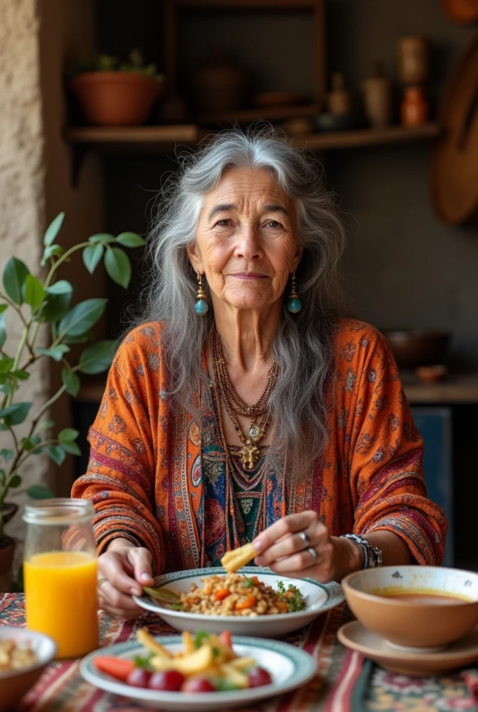 67 year old Mexican lady, hippie/ bohemia. eat your lunch