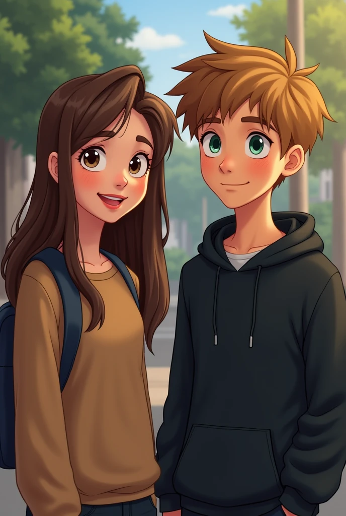 Create an image of a teenage girl with brown hair and brown eyes at school and a bad boy with brown hair in a black sweatshirt and blue eyes on the right and another boy on the left with blond hair and green eyes at school in Disney style