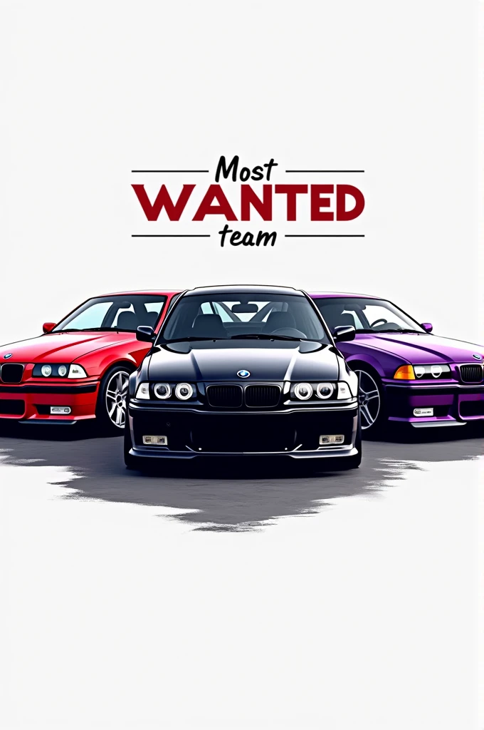 I want a logo for a car group called Most Wanted Team, com 2 bmw e36 m3, one red and the other purple, e uma bmw e46 m3 na cor preta