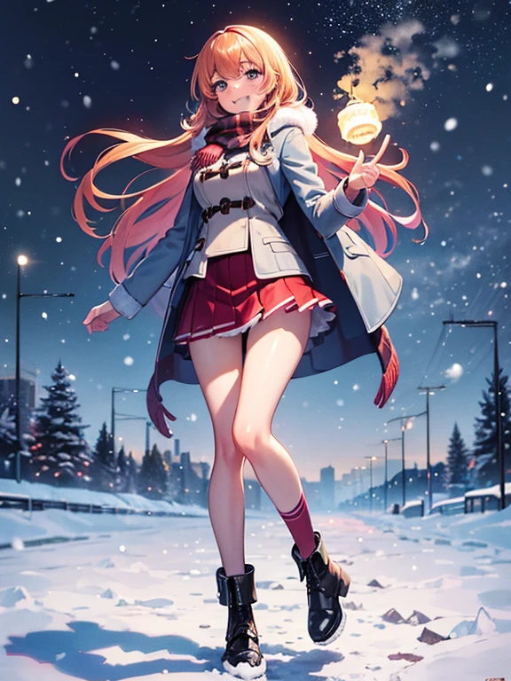 (best Quality), (masterpiece), (super high resolution), full body, teenage girl, big smile, strawberry blonde, long, mini skirt, knee high socks, duffle coat, winter scarf, city, winter, ((snowing)), (decorated illuminations), ((night view))