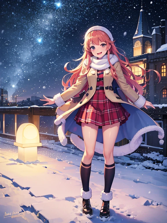 (best Quality), (masterpiece), (super high resolution), full body, teenage girl, big smile, strawberry blonde, long, mini skirt, knee high socks, duffle coat, winter scarf, city, winter, ((snowing)), (decorated illuminations), ((night view))