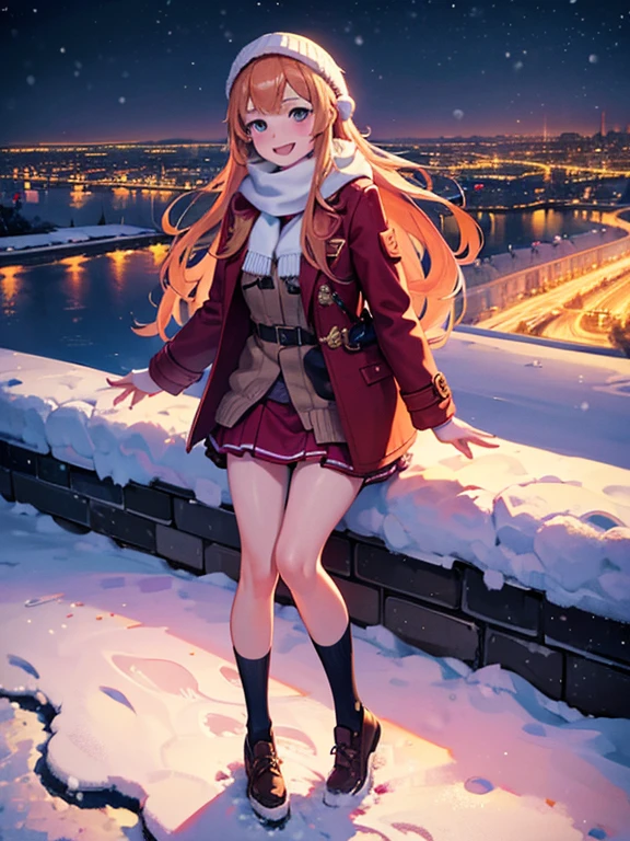 (best Quality), (masterpiece), (super high resolution), full body, age girl, big smile, strawberry blonde, long, mini skirt, knee high socks, duffle coat, winter scarf, city, winter, ((snowing)), (decorated illuminations), ((night view))