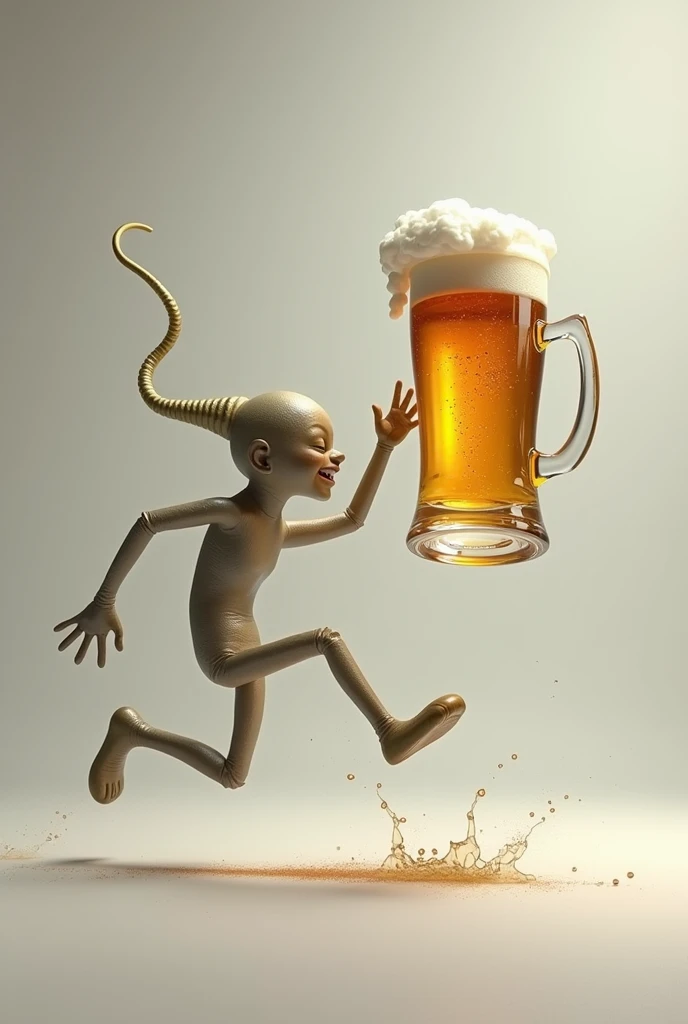 Create a realistic logo with a sperm chasing a beer mug with the text the origin of a drunkard