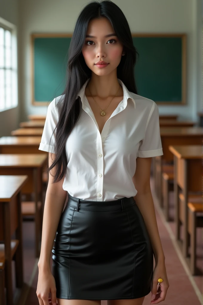 Beautiful Thai girl with smooth skin, black hair, dark brown eyes, gold pendant (medium chest), wearing Thai teacher's outfit, white short-sleeved shirt, black short skirt, slim fit, holding a small wooden stick in her hand, standing and posing in the classroom, background is a classroom, student desks and chairs, the most realistic image.