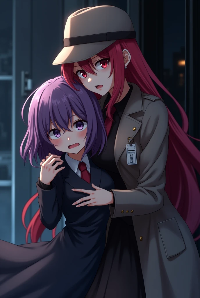 Female anime character with long red hair and red eyes dressed as a detective helping a scared long purple haired girl in a black dress.