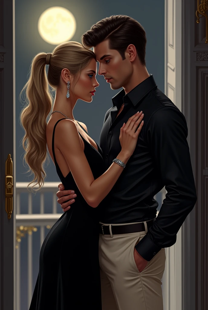 Long-haired blonde woman Wearing a black elegant dress with a non-vulgar neckline Tied-up hair Understated earrings and necklaces made of shiny stones Scene in a luxurious apartment with the moon in the background She is hugging a handsome man, Cao Cao, stark, black elegant dress shirt, offwhite, blue eyes short black hair