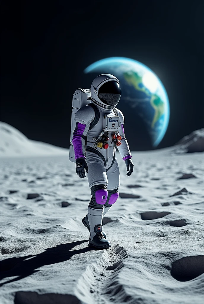 astronaut on the moon with purple details on the suit