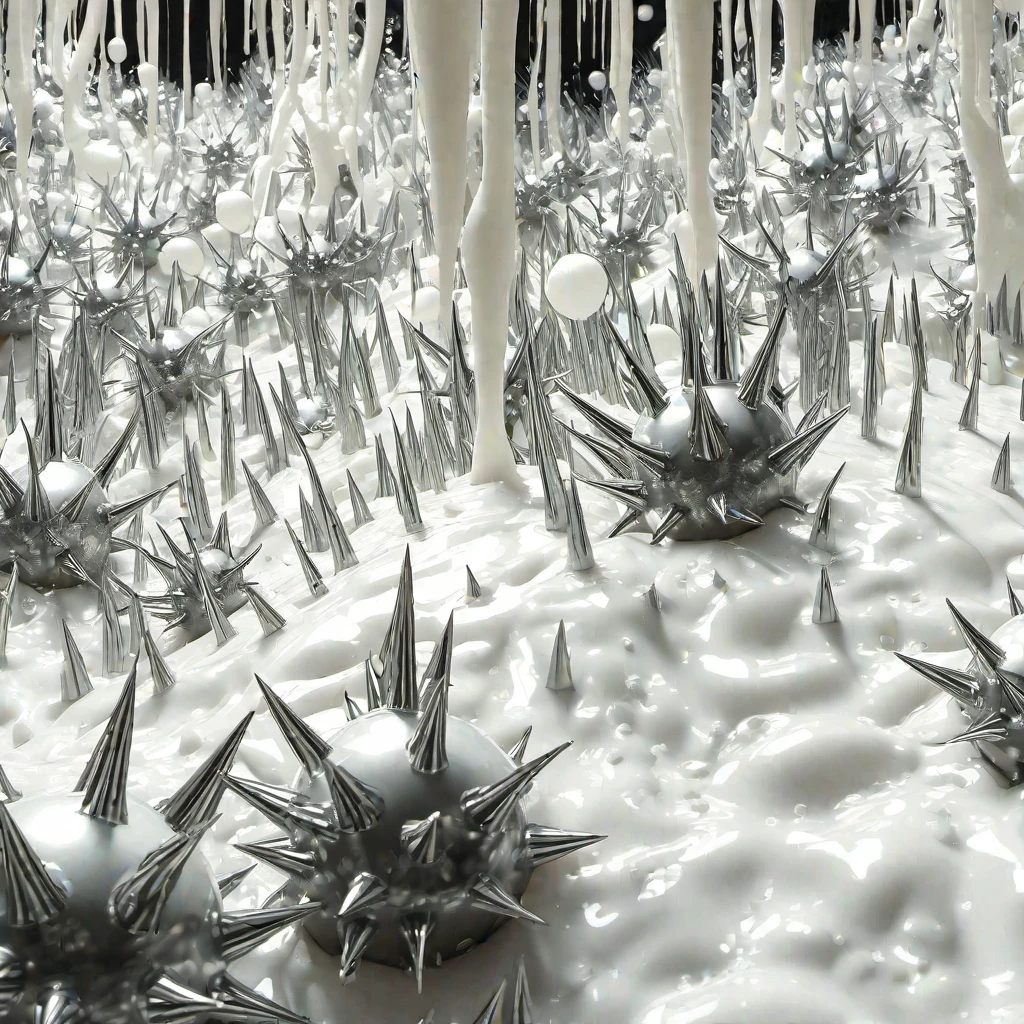 (masterpiece, best quality:1.2), spikyslime, "Close detailed view. A picture of a place full of gigantic big spherical chrome-colored long sharp pointed spikes which lay on a hill of thick white slime. The gigantic big spherical chrome-colored long sharp pointed spikes crowl into every edge of the image and surround thick white slime. There is nothing but gigantic big spherical chrome-colored long sharp pointed spikes and white thick slime. gigantic spherical chrome-colored sharp pointed spikes are falling from the ceiling, too. The thick white slime is wild with waves and thick bubbles. Big white slime waves like a tsunami. Big white slime bubbles are floating in the air. The gigantic spherical chrome-colored sharp pointed spikes are extreme thick and huge. The white slime looks like a white bubblebath. Thick white slime makes big bulges and hills on the floor. Streams of thick creamy white slime are falling from the ceiling. Big splatters of thick white slime. White slime bulges."