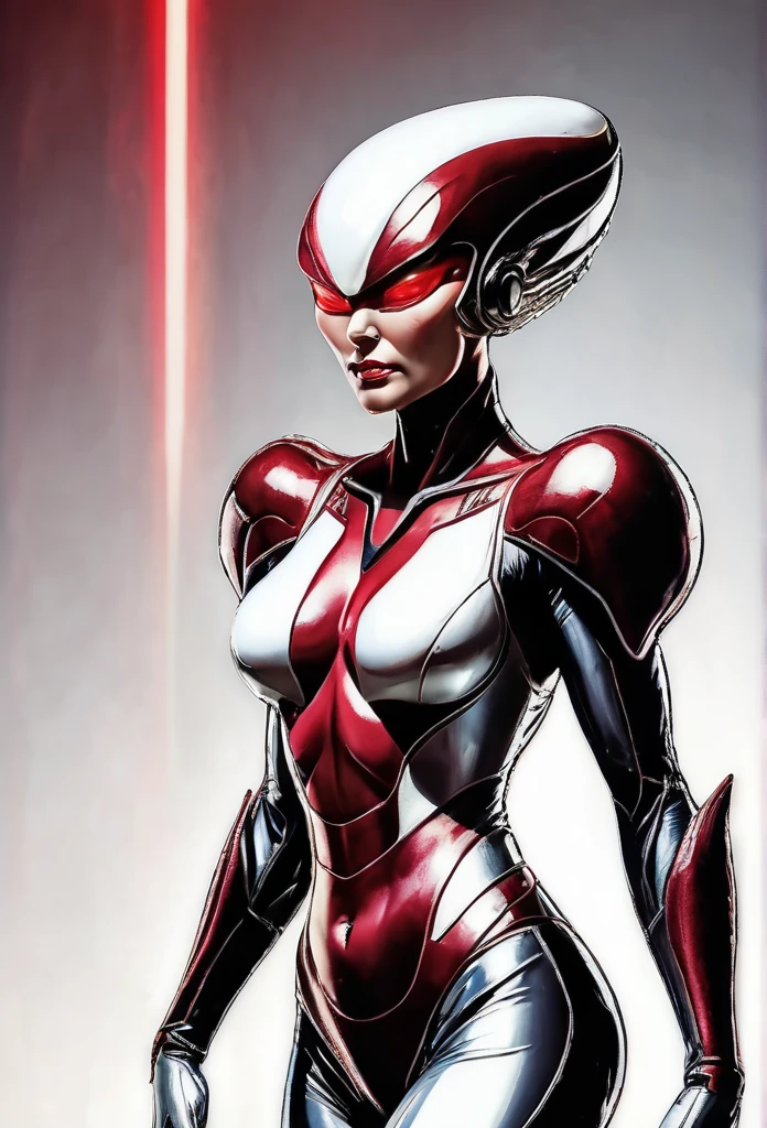 An alien with a crimson body and white lines、Silver Mohawk､Women's Ultra Seven、Sexy pose chest, High resolution, 