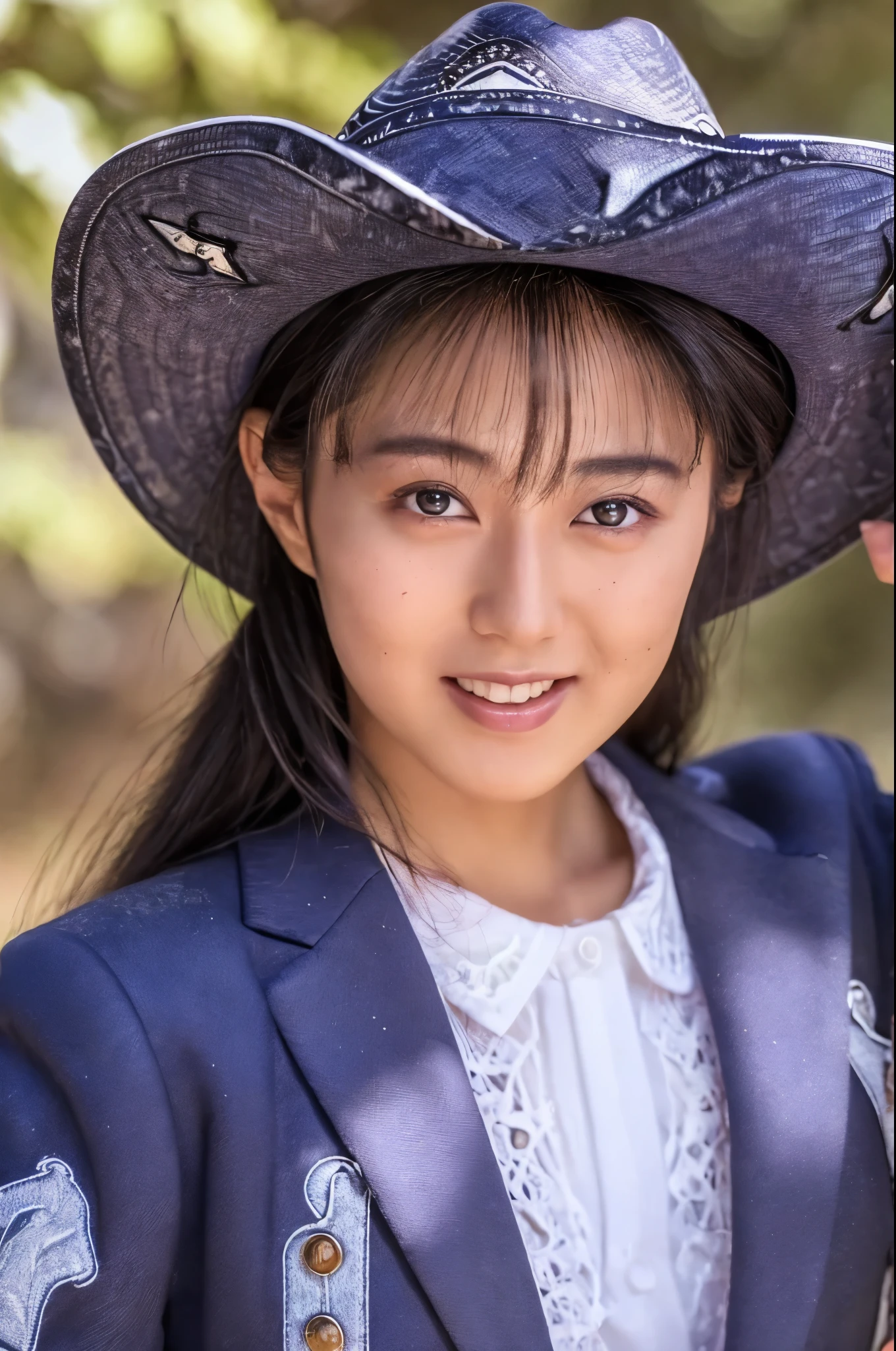 ((Top Quality, 8K, Masterpiece: 1.3)), Sharp Focus: 1.2, (Super Beautiful Face: 1.0), (Slender Abs Beauty: 1.0), (Shiny Skin: 1.0), Realistic Photography, Black Hair, Realistic Pupils, Video Lighting, High Definition Eyes and Face, Video Lighting, (Cowboy Shot: 1.3), (Japanese Cute Actress), in nature, smiling, Looking at the audience, head on