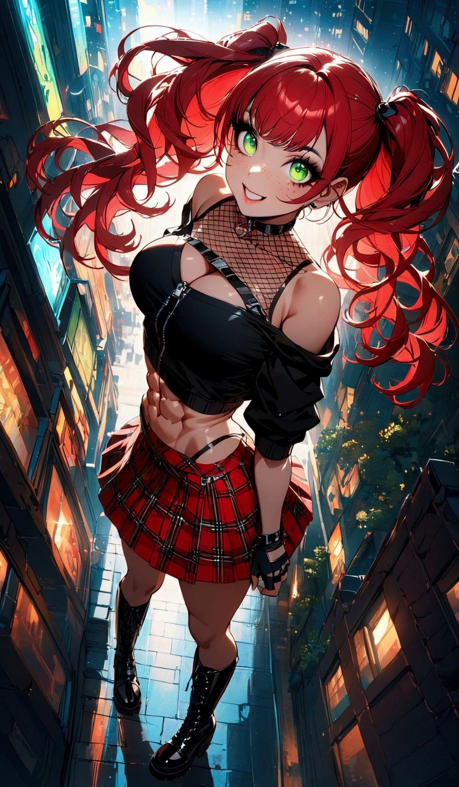 woman, grin, curly red hair in pig tails, green eyes, black eyeshadow, wearing crop top black shirt, black zip up hoodie, red plaid skirt, black knee high boots, black fingerless gloves, exposed shoulders, large breasts, freckles, abs, cleavage, looking up at viewer, cinematic lighting, masterpiece, best quality, Holo-Punk Style, in the city, make up, eyelashes, fish net undershirt, fish net stockings, (full body)
