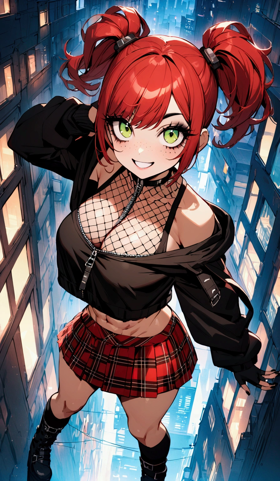 woman, grin, curly red hair in pig tails, green eyes, black eyeshadow, wearing crop top black shirt, oversize black zip up hoodie, red plaid skirt, black knee high boots, black fingerless gloves, exposed shoulders, large breasts, freckles, abs, cleavage, looking up at viewer, masterpiece, best quality, Holo-Punk Style, in the city, make up, eyelashes, fish net undershirt, fish net stockings, (full body)
