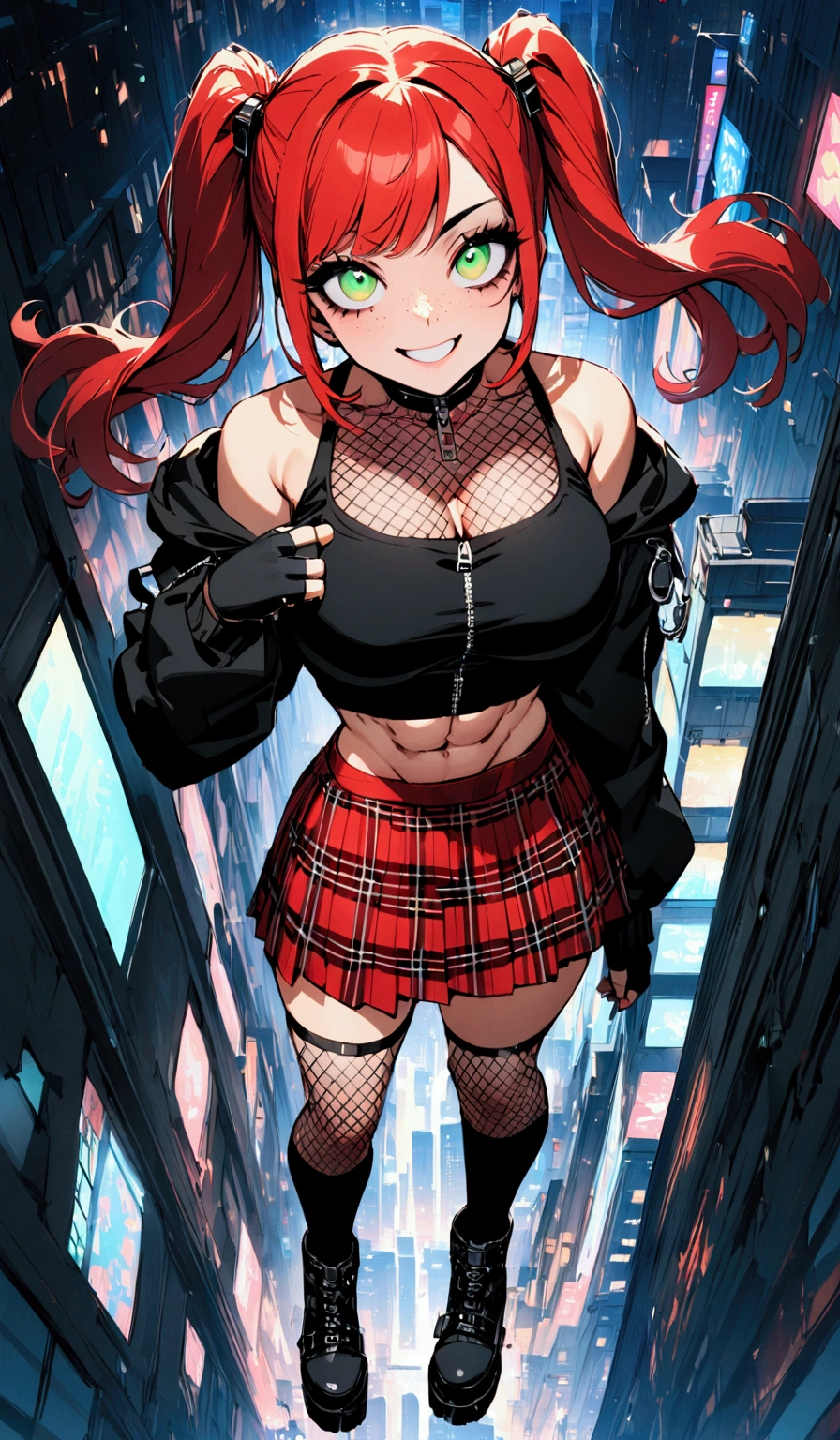 woman, grin, curly red hair in pig tails, green eyes, black eyeshadow, wearing crop top black shirt, oversize black zip up hoodie, red plaid skirt, black knee high boots, black fingerless gloves, exposed shoulders, large breasts, freckles, abs, cleavage, looking up at viewer, masterpiece, best quality, Holo-Punk Style, in the city, make up, eyelashes, fish net undershirt, fish net stockings, (full body)