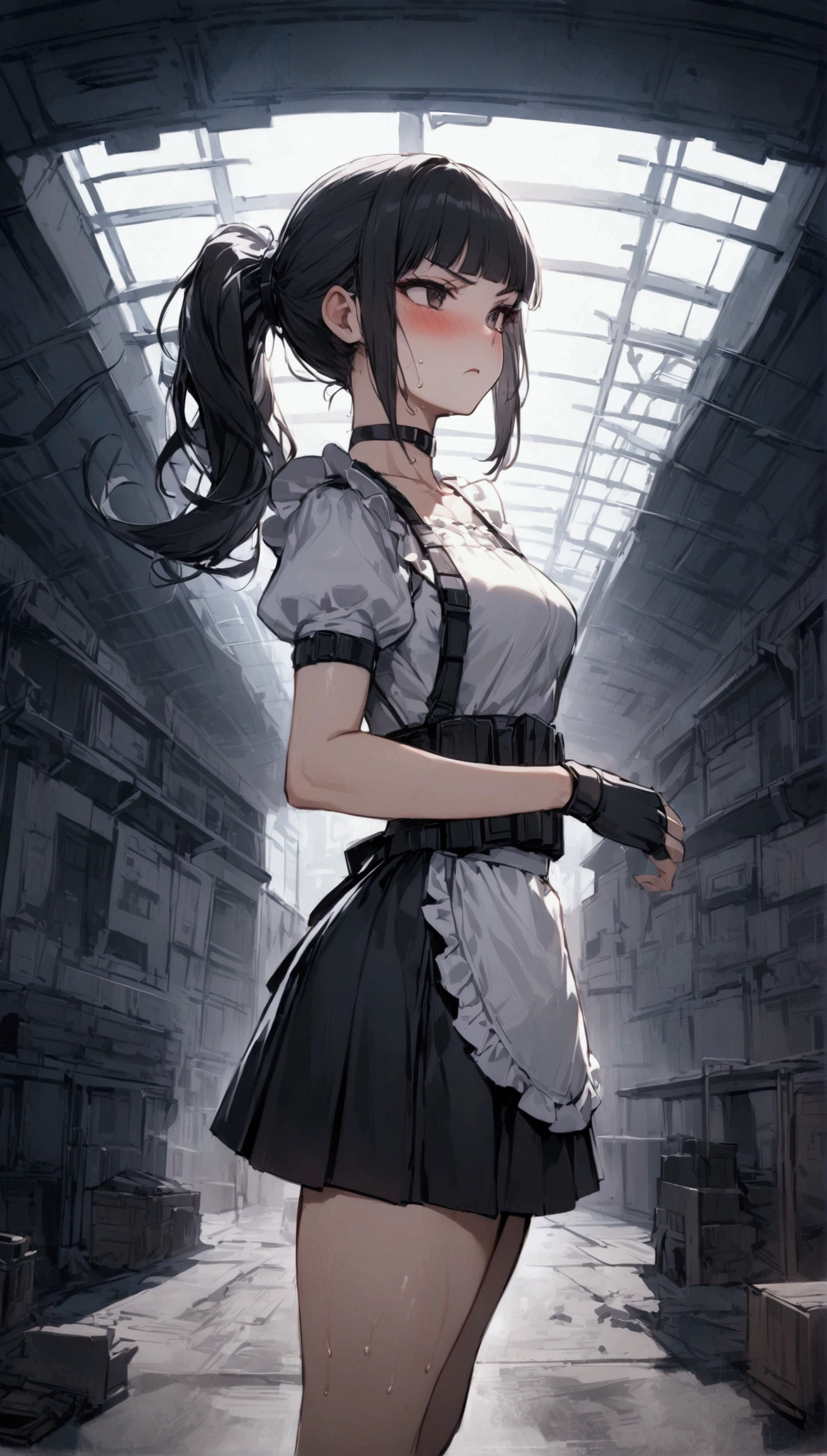 from side,cowboy shot,1girl solo,Female fighter ,maid outfit, collarbone, {{white puff sleeves:1.4}}, {{White short-sleeved puff-sleeved blouse:1.6}},black shoulder straps, black corset, black flared skirt, blunt bangs, black choker. Dynamic composition,dutch angle,{{fight}},{{masterpiece}}, {{{Highest quality}}},{{Very detailed}},holster　,Fight,,{{v-shaped eyebrows}},Bad mood,blush,Sweat,raise one's eyebrows　,Black hair Long hair,Blunt bangs　,cyberpunk　,Black fingerless gloves　,White frilled apron,ponytail,Training area,Indoor