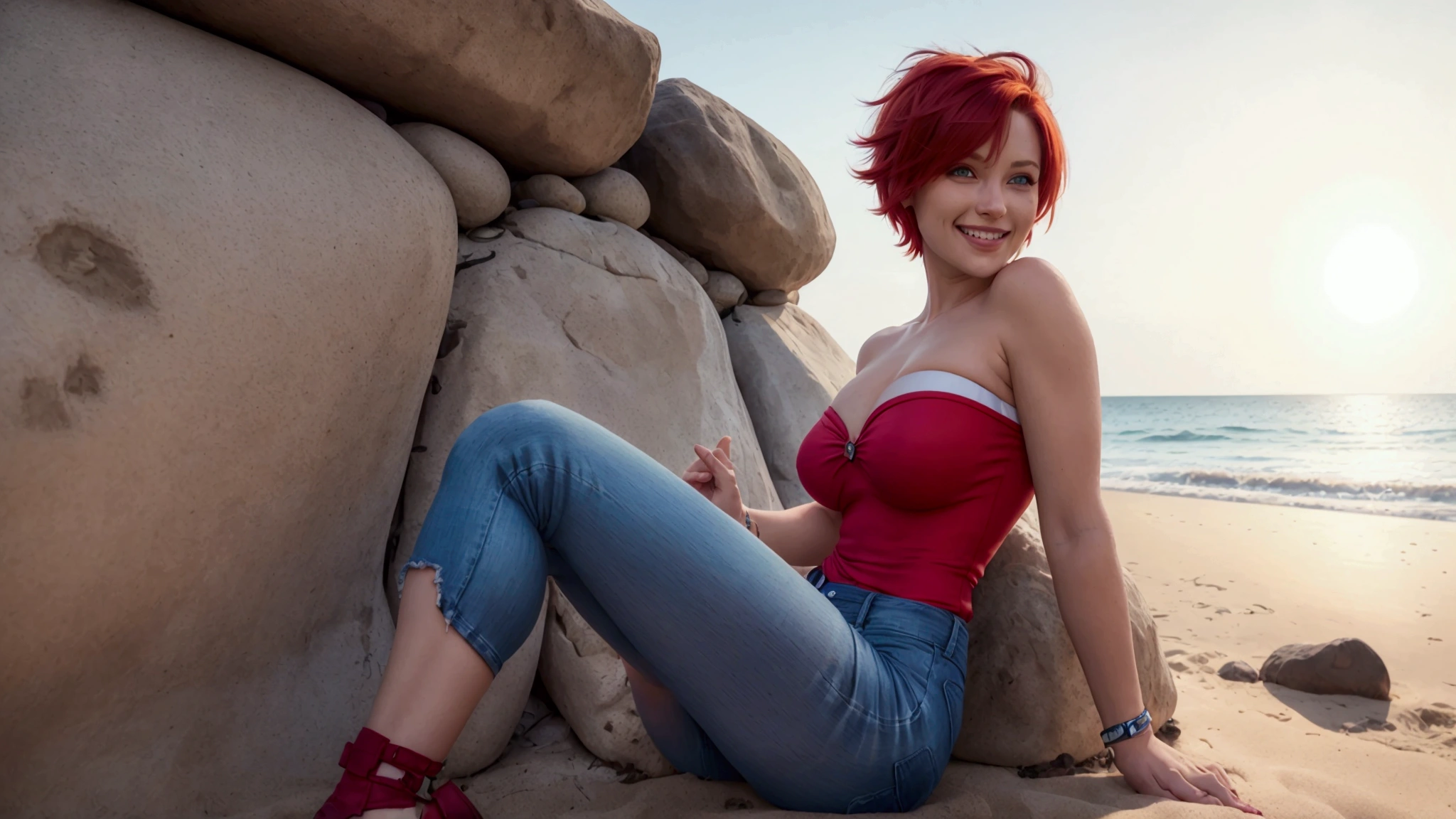 (best qualityer, ultra detali, photorrealistic: 1.39), bright and vibrant colors, sun lighting, at beach, romantic expression, short jeans, Strapless dress, platinum undercut, Red hair, breasts small, adjusting, shorth hair, mercenary, sorriso sexy