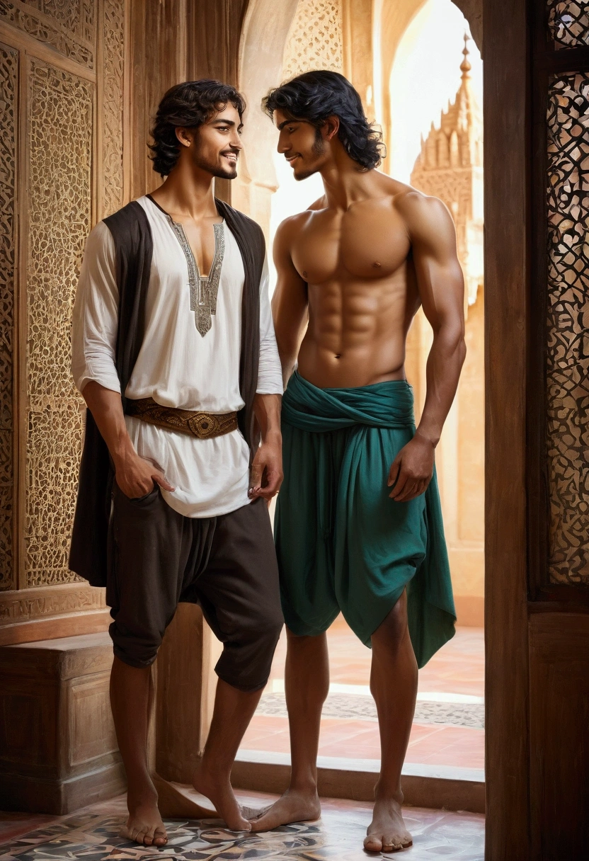 baroque painting+muslim_art fullbody portrait, an arabian prince, cinnamon skin green eyes, wavy black hair, thin face, perfect detailedd feet, slender toned body, body hair, beautiful face, next to a young viking, blond, blue eyes, muscular beautiful face, strong, masculine perfect proportions, white skin innocent look, shirtless, pantless, both men looking each other smiling standing and kissing wearing shorts in a medieval arab deco room large windows to see the La Giralda in Sevilla model 5 0 0 px, Nikon d 8 5 0 camera, fullcolor, sticker of a full body picture of a beautyfull young man, highly detailed beautyfull face, freedom, soul, digital illustration, approaching perfection, dynamic, highly detailed, watercolor painting, artstation, concept art, smooth, sharp focus, illustration in the style of artists like Russ Mills, Sakimichan, Wlop, Loish, Artgerm, Darek Zabrocki, and Jean-Baptiste Monge (homoerotism_fullbody_nsfw) Body Position
