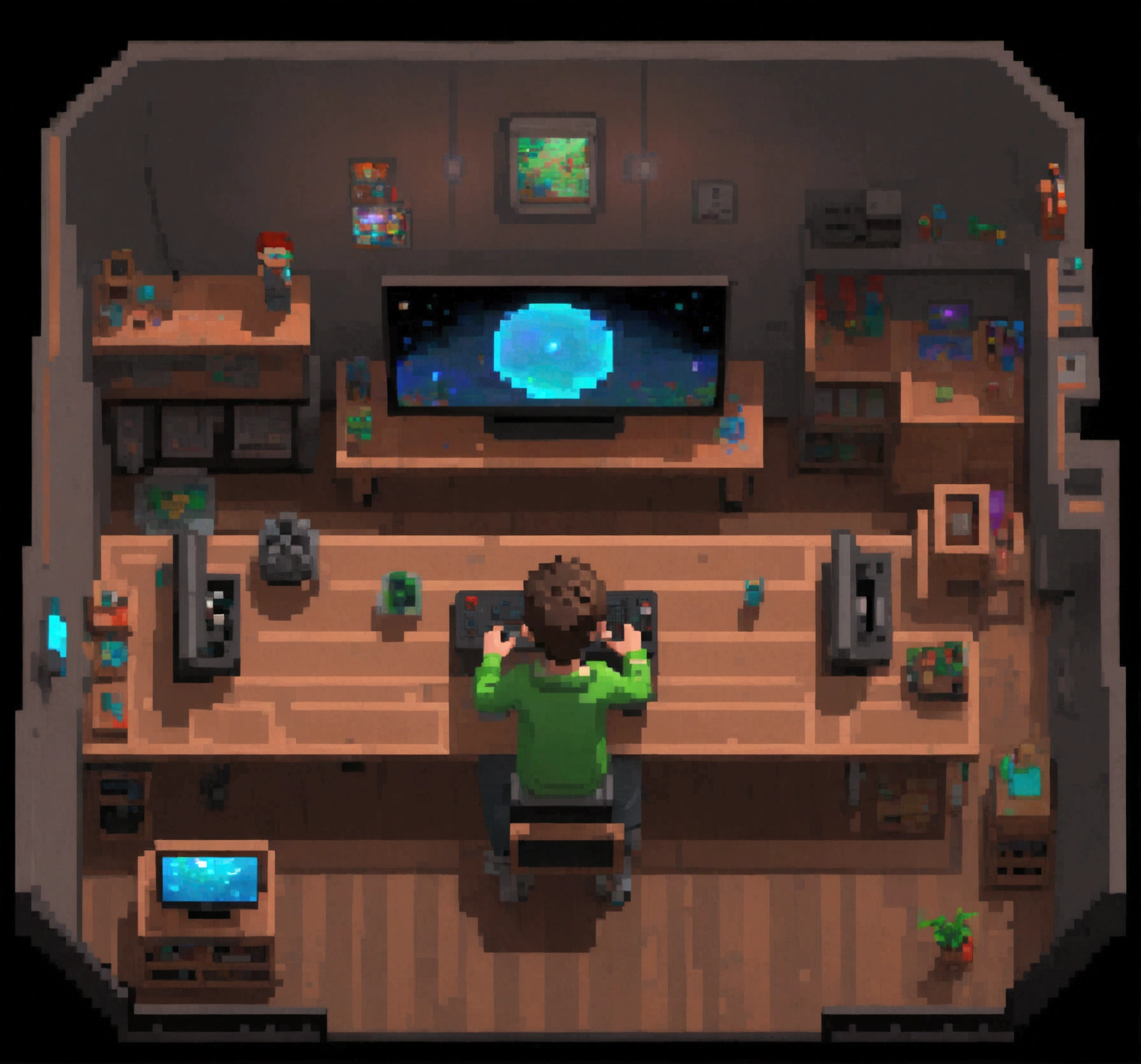 dark pixel art style gamer room, first person boy with hands on table, good details, view from above,