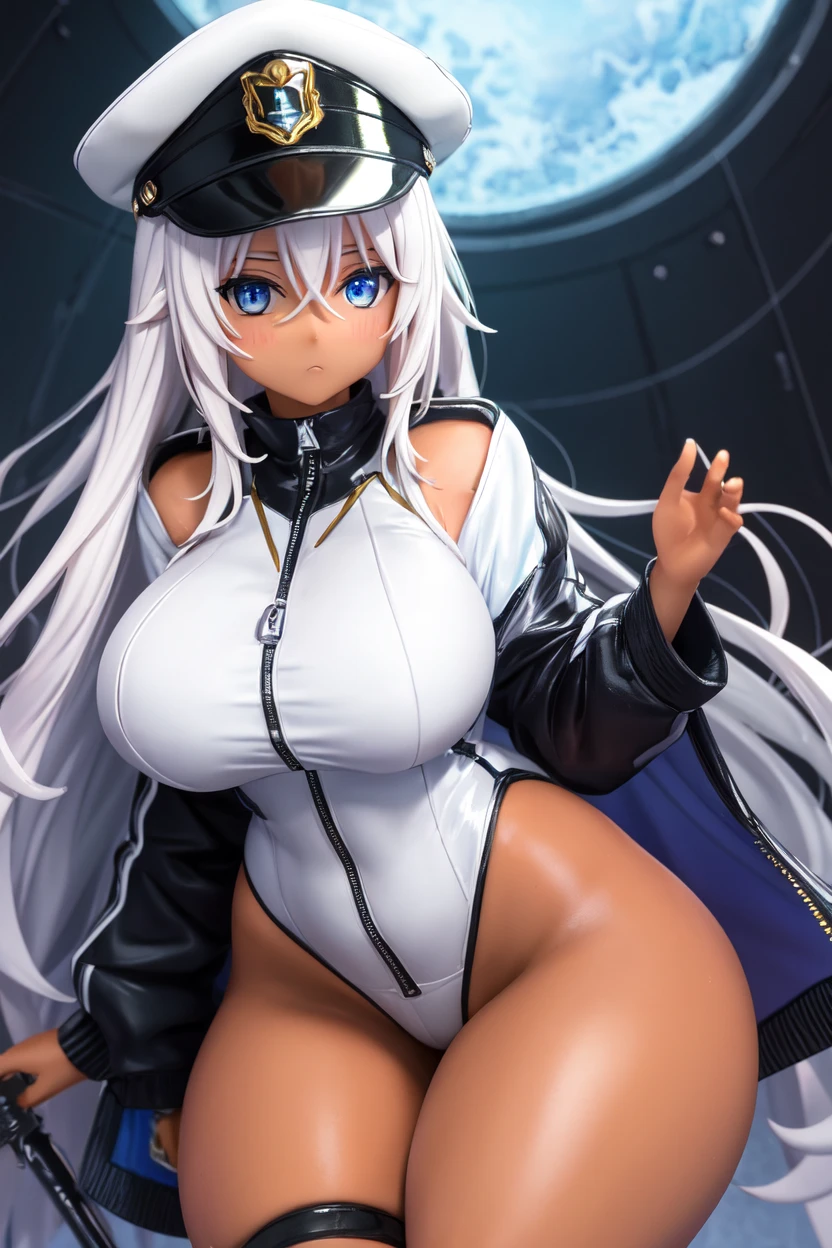 8k，HighestQuali，1girl, White hair, Blue pupil, sportrait,, white stockings，see-through raincoat, No bra，Drenched，，Through the of clothing，Looming