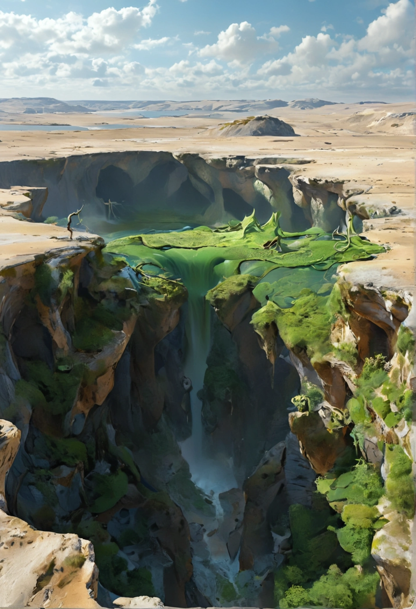 Une immense Vallé verte, autour det énorme cratère rien ne survie. Autour de cet énorme cratère il y a un désert ou rien n'as pu survivre. Les espèces ont évolué, elle peuvent voler et ressemble à des dragon amphibiens . Vision d'en haut . Il y a pas de vert en dehors du cratère . Montrer une centaine d'espèces différentes, aucune sont énorme , d'autres plus petites. Il y a un cascade aussi. Montrer beaucoup plus d'animaux. Et un humain en combinaison spatiale qui d'en haut de la cascade regarde ce royaume inconnu . La combinaison est plus futuriste, épuré et très fine. En haut du cratère il y a des îles flottantes avec des constructions anciennes de tipe préhistorique mais avec l'électricité et des vaisseaux spatiaux en suspension . Montrer le tout en champ large panoramique, montrer bien les îles flottantes . Au milieu un grand animaux millénaire, un dragon aux écailles rouge d'au moins 15 mètre qui vole vers l'île flottante , dans son dos est assis dans une chaise un alien humanoïde qui le gouverne
