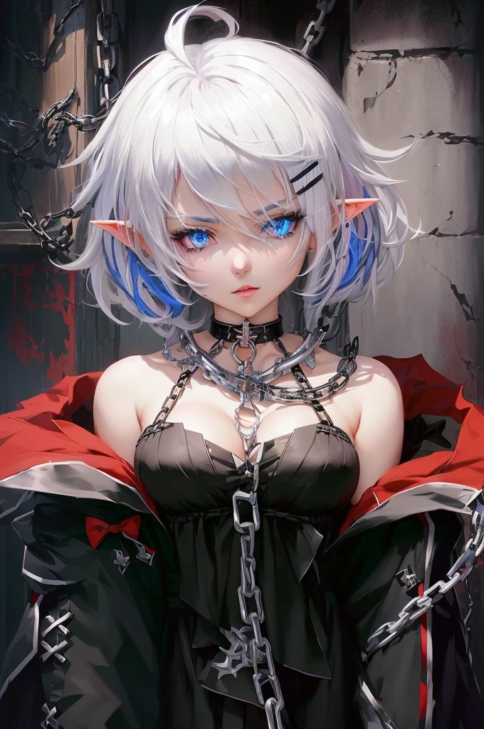 anime girl with white hair and blackish-blue eyes wearing a chain around her neck, elf anime girl, gapmoe yandere grimdark, badass anime 8 k, gothic maiden anime girl, anime style 4 k, detailed digital anime art,