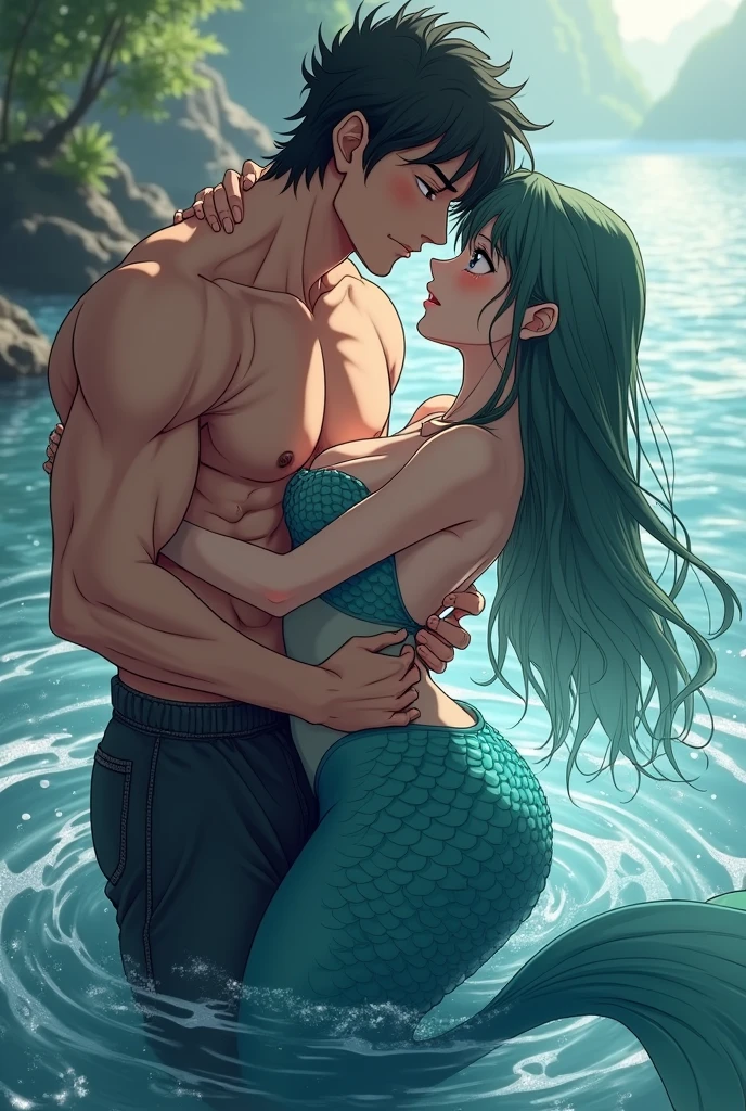 Anime Merman rubbing himself with a male human, outside water, kissing, dynamic pose, long tail, wet, merman with a male human
