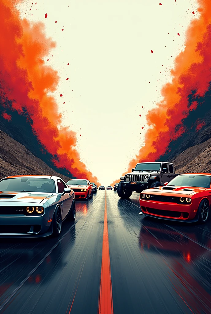 Create a frame with some cars coming out from each edge of the sheet with the dodge challenger cars, ram trx on each side of the blade 