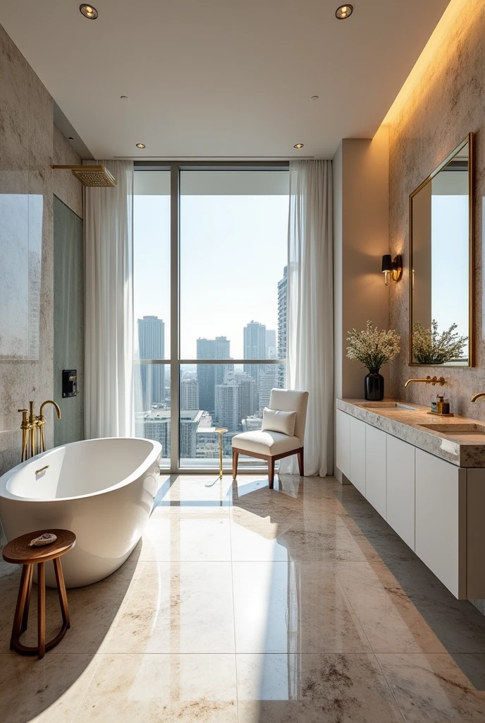 Master Bathroom:**
- **Design:** The bathroom is a serene oasis with floor-to-ceiling windows offering panoramic views of Miami. The space is dominated by soft, neutral tones, with a mix of marble and natural stone.
- **Bathtub:** A freestanding, deep soaking tub made of white marble with a sleek design sits near the window, perfect for relaxing while overlooking the city skyline.
- **Shower:** A spacious walk-in shower with a rain showerhead, glass walls, and a built-in bench. The shower is lined with mosaic tiles that shimmer under the light.
- **Vanity:** A double vanity with floating sinks, a large backlit mirror, and ample storage below. The countertop is made of black marble with gold veins, adding a touch of glamour.
- **Lighting:** Soft, ambient lighting throughout, with sconces and recessed lighting creating a warm, inviting atmosphere.
- **Accessories:** Plush white towels, gold-accented faucets, and fresh flowers add the finishing touches. There’s also a small vanity station with a comfortable chair, perfect for makeup and hair styling.