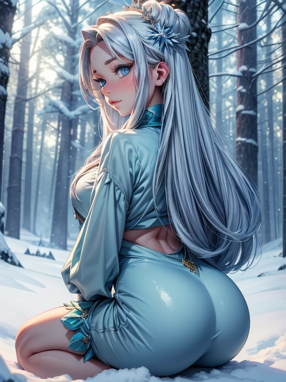 Portrait, high quality, Ukrainian fairy winter snow in the forest through the trees About , blue eyes, smooth skin, ((Best quality, 8k, Masterpiece :1.3)), 1girl, Pretty girl , Casual outfit :1.2, in the forest, Ultra-detailed face, Detailed eyes, Double eyelid, back view focus on her buttocks