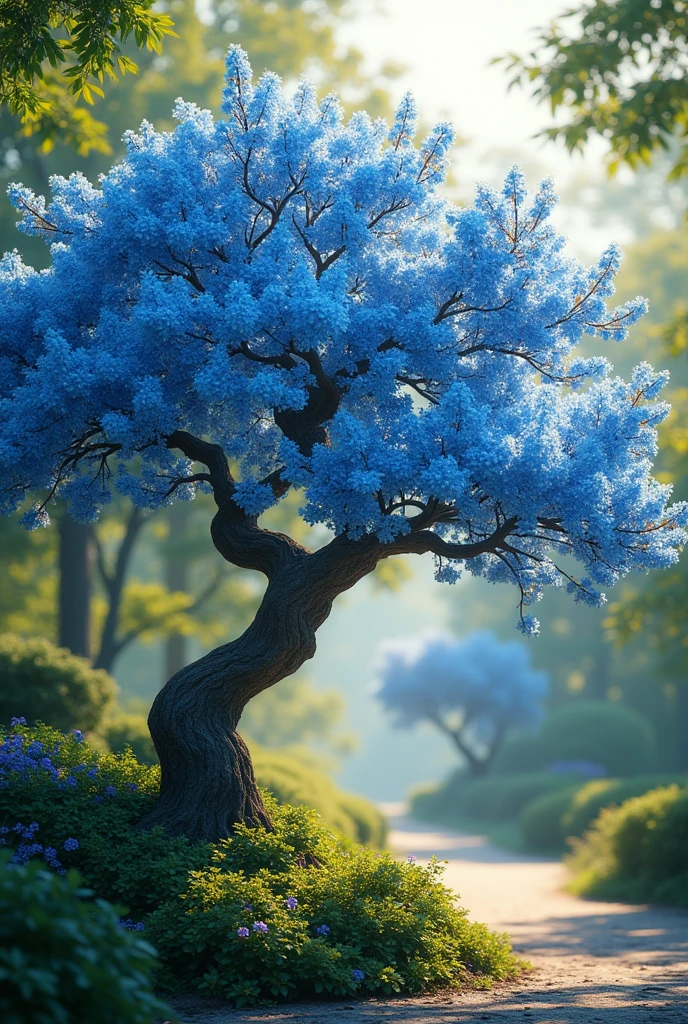 A lush blue blooming ipe tree, exquisite flowers, cinematic atmosphere, 8k resolution, hyper-realistic, stunning natural lighting, vibrant colors, detailed textures, serene landscape, masterful composition, photorealistic quality, bokeh background, sharp focus, intricate details, beauty inspiring