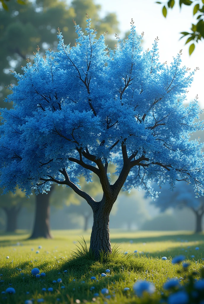 A lush blue blooming ipe tree, exquisite flowers, cinematic atmosphere, 8k resolution, hyper-realistic, stunning natural lighting, vibrant colors, detailed textures, serene landscape, masterful composition, photorealistic quality, bokeh background, sharp focus, intricate details, beauty inspiring