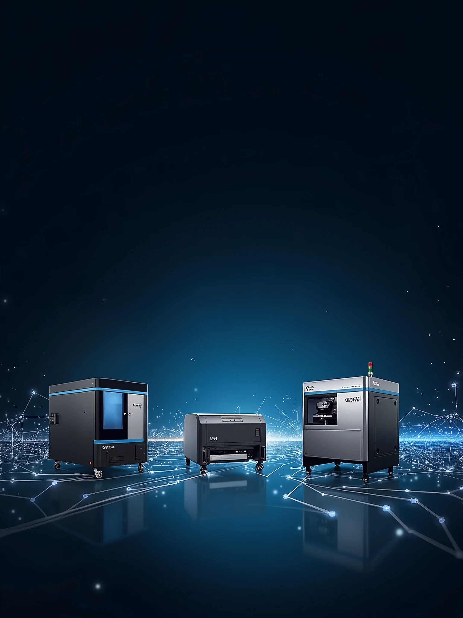 Image Description:Background: Background in shades of dark blue (#003366) for a sophisticated and technological look.Videojet Logo: Positioned in the upper left corner, highlighted and visible, with a soft glow to emphasize the brand.Videojet Machines:lcm (Laser Coder): A modern laser coding machine, shown on the left side of the image, emitting a bright laser beam, symbolizing precision and advanced technology.Inkjet 1580: centered in the image, displaying a clear and sharp impression of codes, with ink droplets in a high-speed trajectory, symbolizing efficiency and quality.Laser Machine: On the right, a more robust laser machine, with laser beams outlining complex shapes, suggesting versatility and innovation.Visual effects: Futuristic connection lines in shades of blue and white between the machines, creating a sense of flow and integration between them. Small points of light scattered throughout the background, suggesting digital connectivity and technological advancement.Highlight Text: "Cutting-Edge Technology for Coding and Marking Solutions", written in a modern and clear font, positioned at the bottom of the image, centered and clearly visible.
