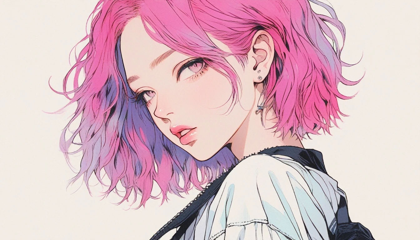 Illustrator, anime , Realistic ,sketch ,１, delicate,lip, T-Shirts,order,Textured Trim, (masterpiece,Highest quality,High resolution, Super detailed) ,Neon Hair,Canadian, (masterpiece,Highest quality) Cancer,Late summer,