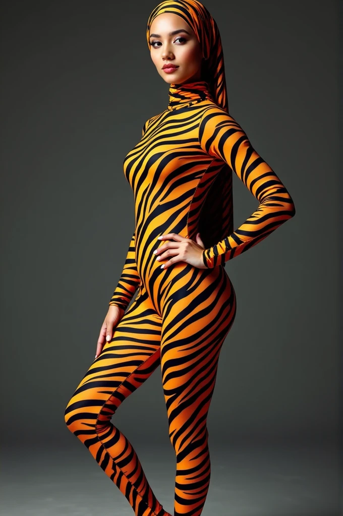 The beautiful muslimah adult girl with beautiful cheeks wears zebra print full lycra dancewear turtleneck unitard catsuit with zebra print socks and zebra print lycra elastane dancewear hijab.