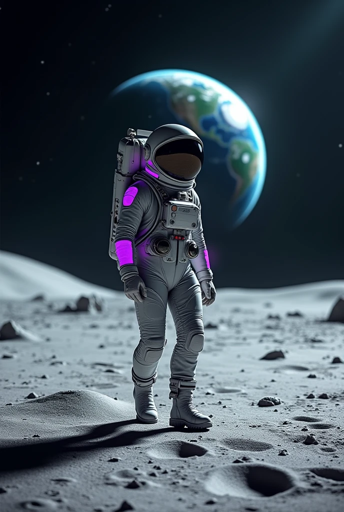 astronaut on the moon with purple details on the suit 
