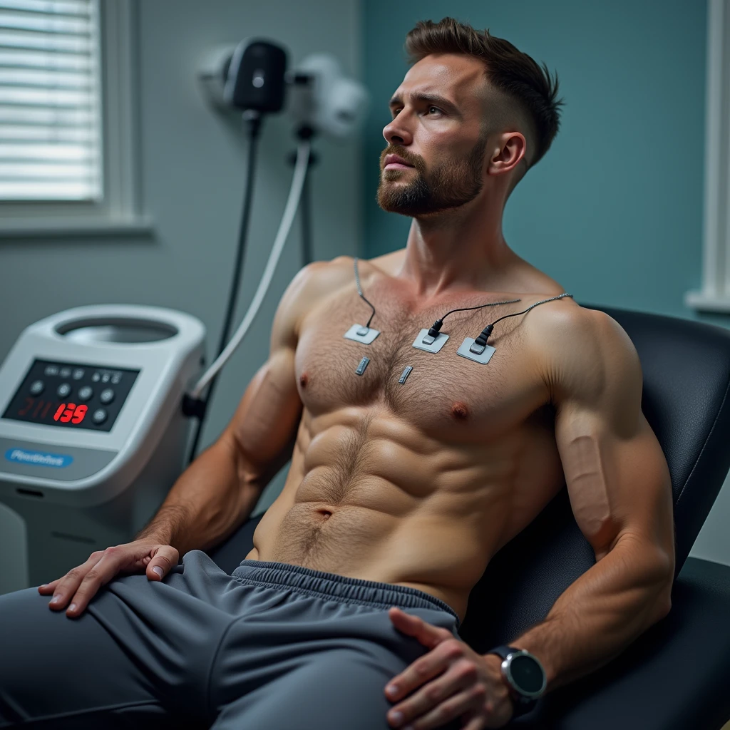 A highly detailed and realistic image of a muscular man lying on a treatment table, undergoing electrostimulation therapy specifically on his abdominal muscles. The man has a well-defined physique, with visible abs and a focused expression. Electrodes are securely placed on his abs, connected to a device that displays digital controls. The clinical environment is well-lit, showcasing medical equipment in the background. The image captures the intensity of the therapy, highlighting the man's dedication to fitness and health.