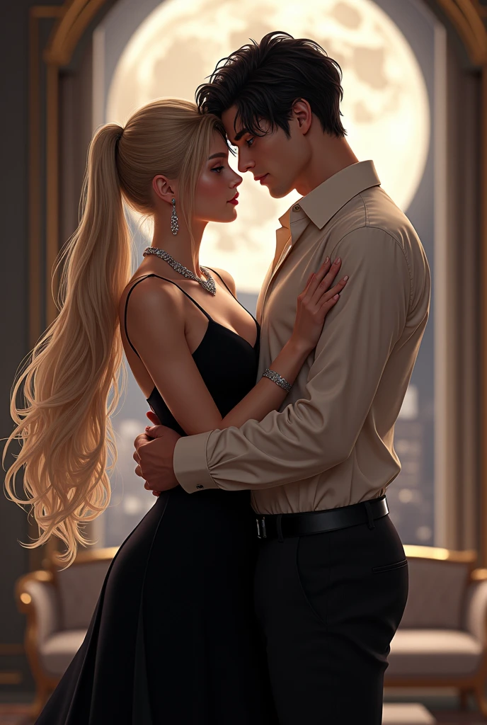 Long-haired blonde woman Wearing a black elegant dress with a non-vulgar neckline Tied-up hair Understated earrings and necklaces made of shiny stones Scene in a luxurious apartment with the moon in the background She is hugging a handsome man, Cao Cao, stark, black elegant dress shirt, offwhite, blue eyes short black hair both looking straight ahead