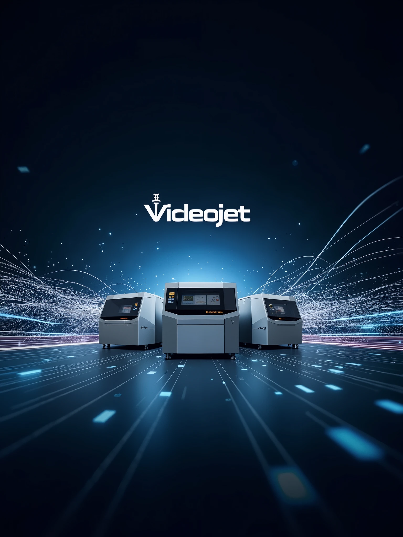 Image Description:Background: Background in shades of dark blue (#003366) for a sophisticated and technological look.Videojet Logo: Positioned in the upper left corner, highlighted and visible, with a soft glow to emphasize the brand.Videojet Machines:lcm (Laser Coder): A modern laser coding machine, shown on the left side of the image, emitting a bright laser beam, symbolizing precision and advanced technology.Inkjet 1580: centered in the image, displaying a clear and sharp impression of codes, with ink droplets in a high-speed trajectory, symbolizing efficiency and quality.Laser Machine: On the right, a more robust laser machine, with laser beams outlining complex shapes, suggesting versatility and innovation.Visual effects: Futuristic connection lines in shades of blue and white between the machines, creating a sense of flow and integration between them. Small points of light scattered throughout the background, suggesting digital connectivity and technological advancement.Highlight Text: "Cutting-Edge Technology for Coding and Marking Solutions", written in a modern and clear font, positioned at the bottom of the image, centered and clearly visible.