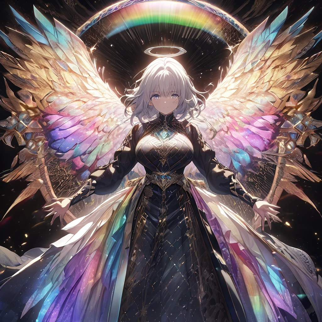 Where technology meets spirituality, A shining celestial object surrounded by a holographic aura of rainbow light, Emitting an otherworldly beauty. The image is a digital hologram projected against a pitch black background.。, Creates a striking contrast. Its graceful presence、It is highlighted by intricate metalwork patterns that dance and change with movement.。. The details are so clear and realistic、It feels like God is about to jump out of the screen.。. The overall effect is mesmerizing, Immerse your audience in an awe-inspiring world of wonder and magic.anime , One person, Silver Hair、Bob Hair, Large Breasts, wing、Angel、Ring on top of head,