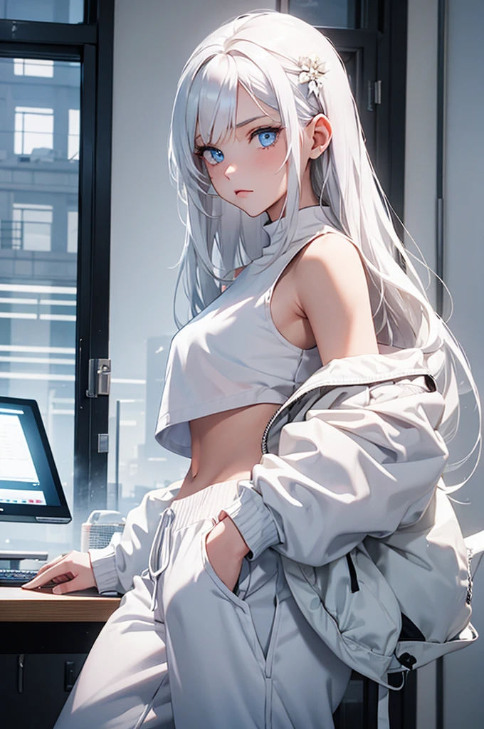 1girl, in an office, white flower, looking at viewer, blue eyes, white hair, long hair, loose white crop top, baggy sweatpants