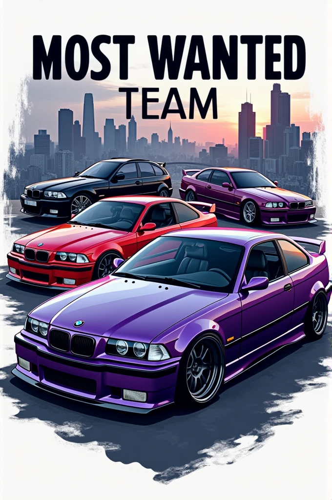 I want a logo for a car group called Most Wanted Team, com 2 bmw e36 m3, one red and the other purple, e uma bmw e46 m3 na cor preta, with the background of cars a big city