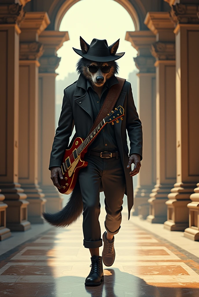 Werewolf walking through the Palace of Fine Arts with a hat, guitar and sunglasses