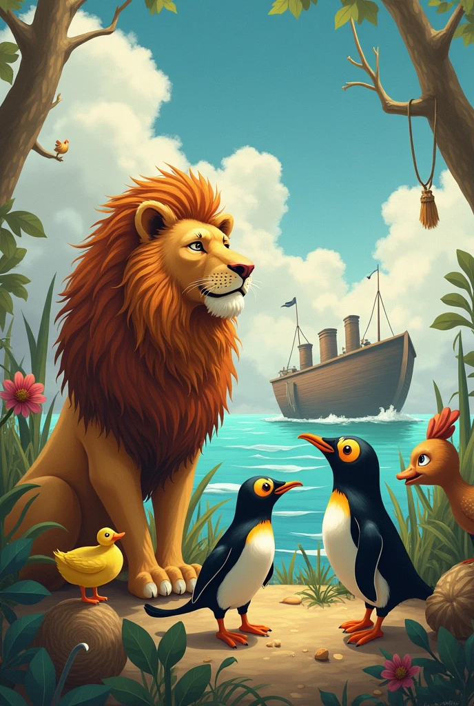 Create a drawing with a lion, penguin, catboy, galinha, duck with Noah&#39;s ark in the background 
