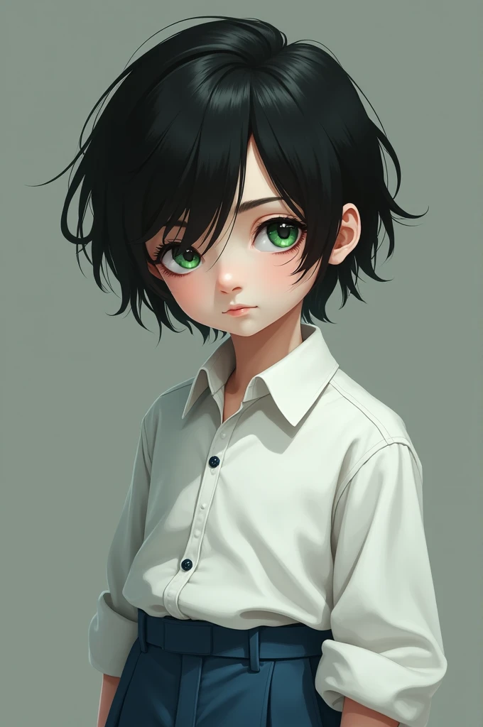 A handsome boy who is 3 but does not look that age, that is, he has somewhat adolescent and feminine features in his face and in his body build, he has green eyes, jet black hair and a pale face, he is dressed in a white shirt and blue pants and he does not have a beard or mustache on his face.