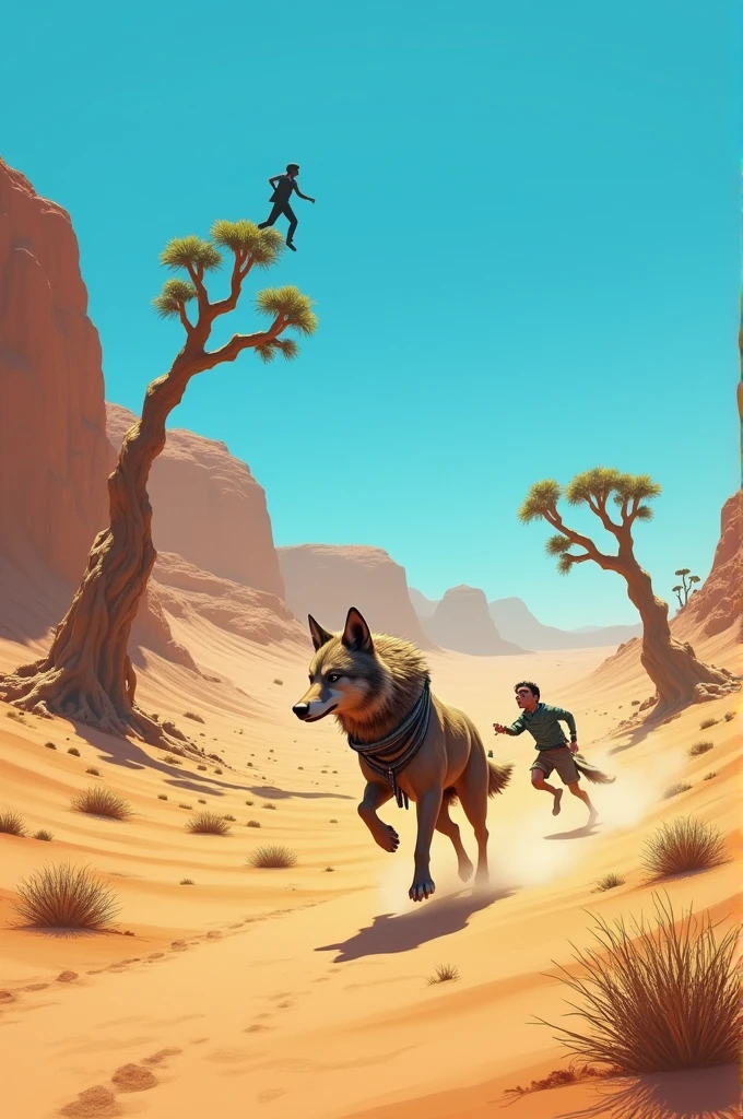 One character is running away from a wolf in the desert and the other is up in a tree in a desert environment