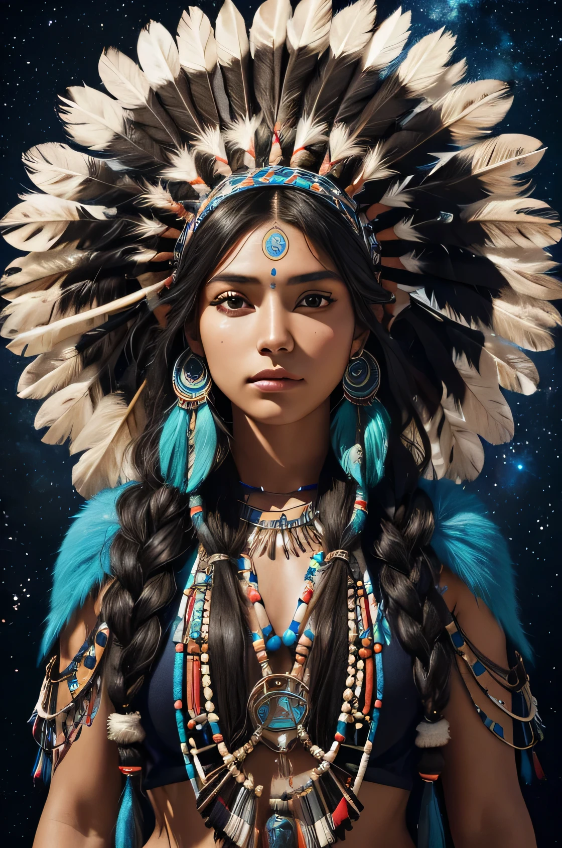 high qualiy, 8k ultra-HD, highy detailed, Detail of full length portrait of beautiful SHAMAN woman, native american, a mesmerizing 20-year-old with an ethereal beauty that rivals the stars, amazing full color, Bblack hair, eyes like stars