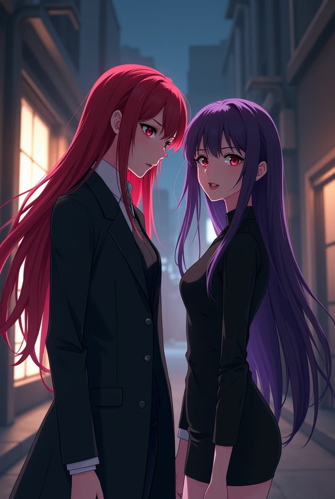 Female anime character with long red hair and red eyes dressed as a detective helping a girl with long purple hair in a black dress.
