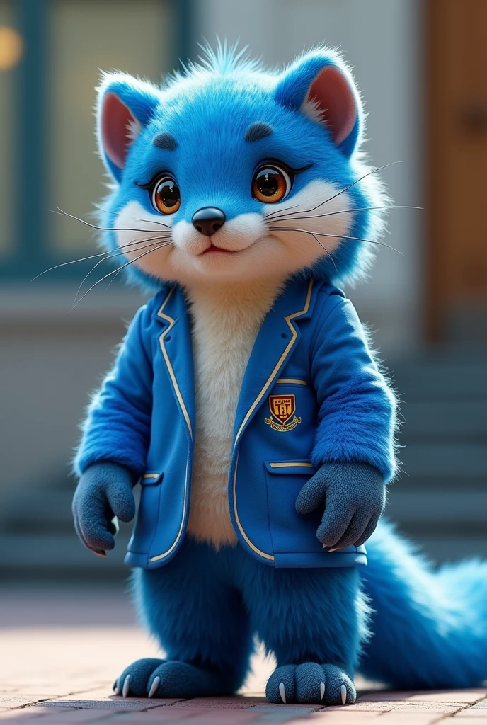 Generates an image of a person dressed as a Junin weasel as the mascot of the JUNIN high-performance school With the blue blazer representative of the COAR JUNIN Realistic as if a person were wearing the costume As if it were the most beautiful and creative costume on the planet